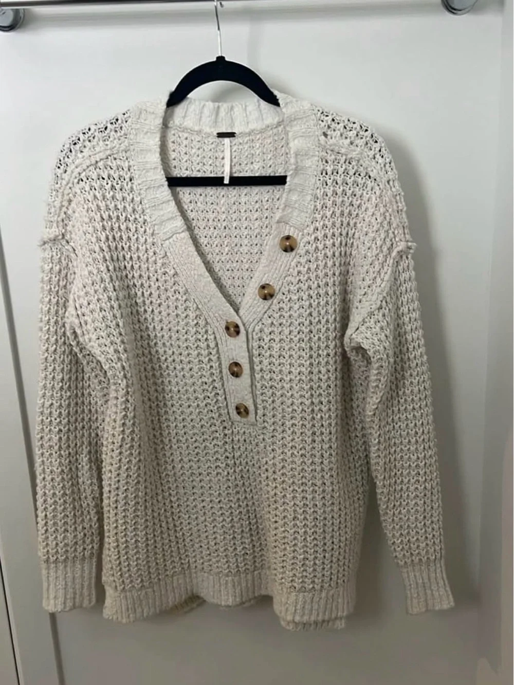 Free People Cream Oversized Waffle Knit Henley Sweater XS